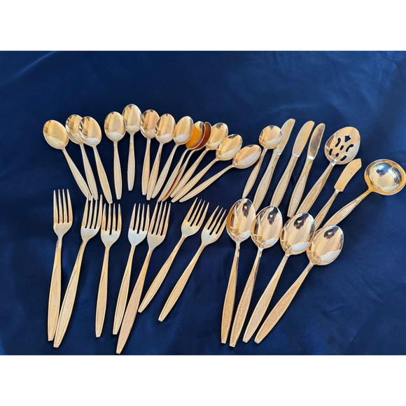 Royalton Antigua 31 PC Gold Electroplate Flatware Spoons Forks Ladle Slot Spoon+ - Picture 1 of 10